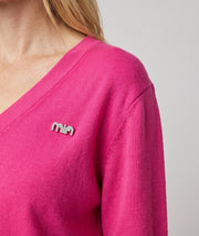 Pull manches longues femme fushia maille fine avec broche strass amovible