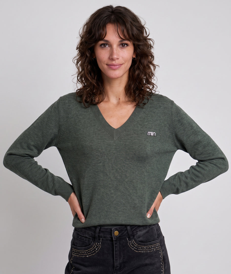Pull col V femme kaki Miulo en maille fine avec broche en strass