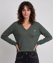 Pull col V femme kaki Miulo en maille fine avec broche en strass