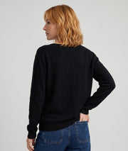 Pull col V femme noir Miulo en maille fine avec broche en strass face arrière