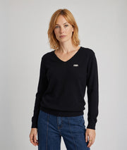 Pull col V femme noir Miulo en maille fine avec broche en strass