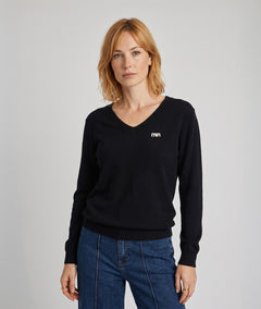 Pull col V femme noir Miulo en maille fine avec broche en strass
