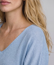 Pull femme Modali ciel brillant en maille fine avec col V et manches mi-longues