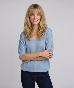 Pull femme Modali ciel brillant en maille fine avec col V et manches mi-longues