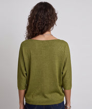Pull femme Modali vert brillant en maille fine avec col V et manches mi-longues face arrière