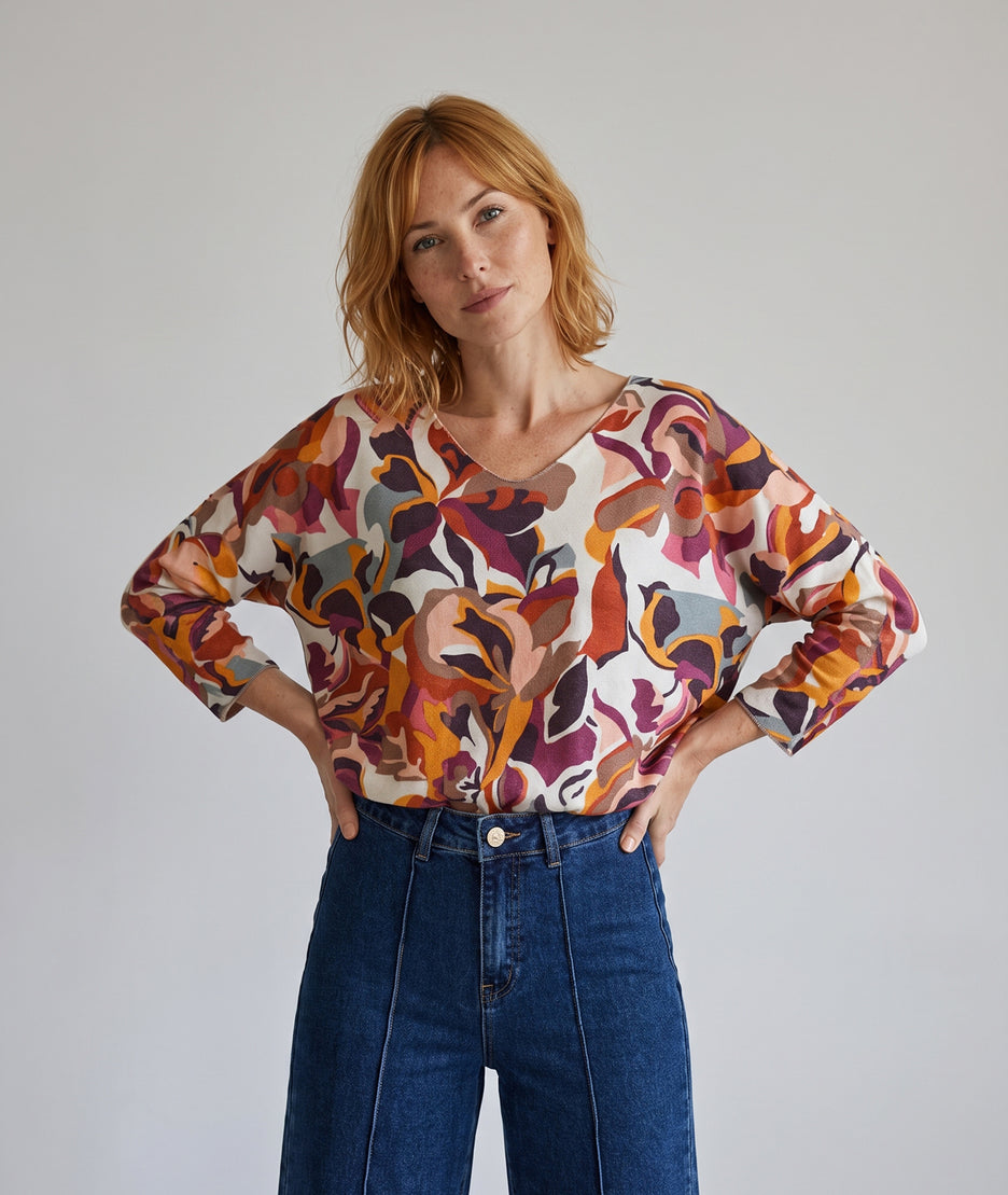 Pull manches longues femme Modo à motifs colorés avec col V et manches chauve-souris