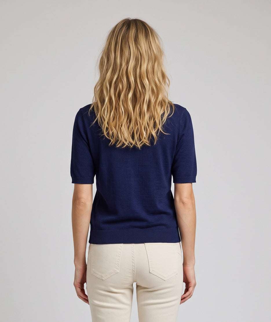 Pull manches courtes femme marine en maille fine avec nœud en perles au col