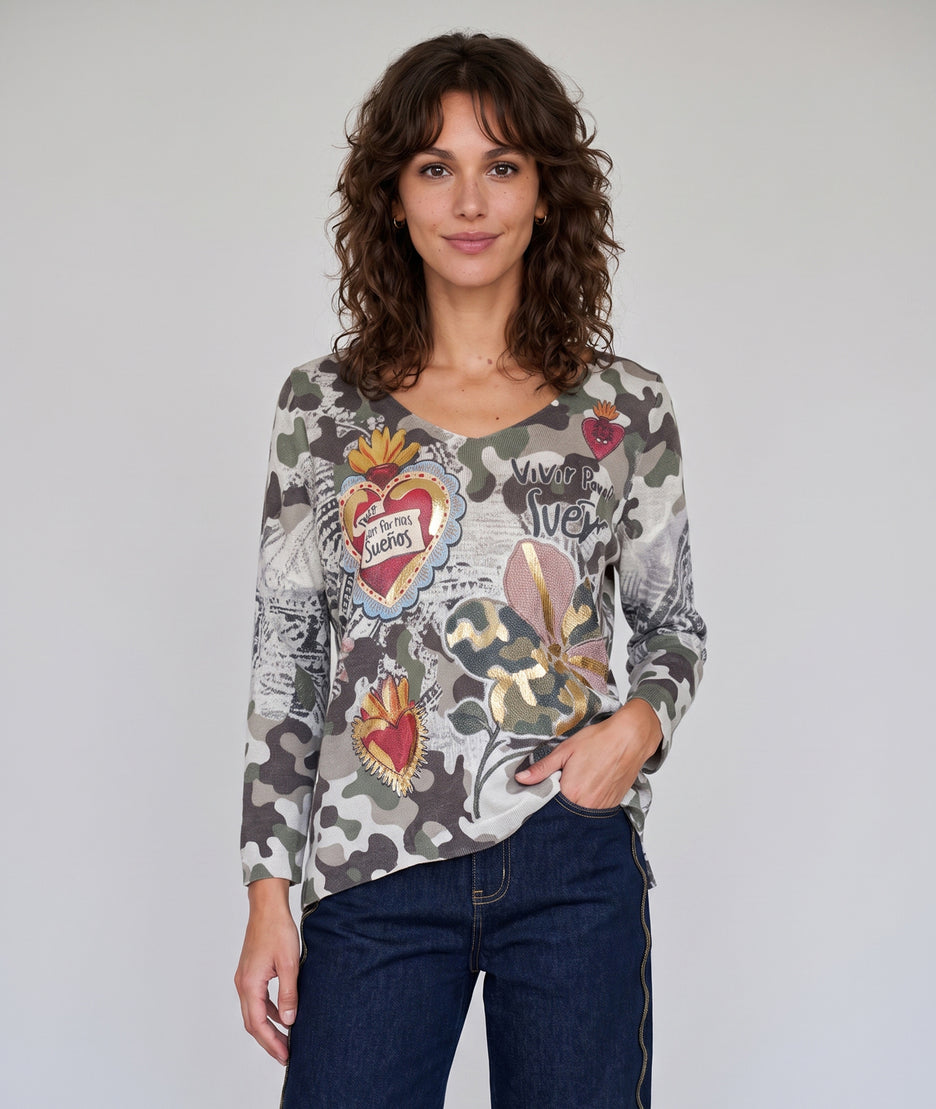 Pull Sueno kaki motif militaire fantaisie avec détails dorés — marque Carnaby