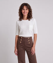 Pull manches courtes femme Tasca écru en maille torsadée fine et col rond