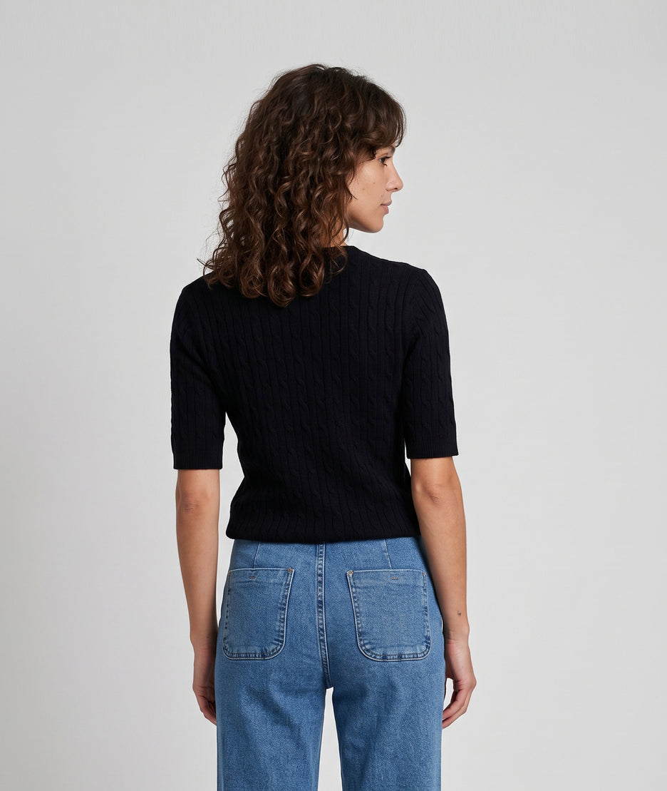 Pull manches courtes femme Tasca noir en maille torsadée fine et col rond