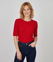 Pull manches courtes femme Tasca rouge en maille torsadée fine et col rond