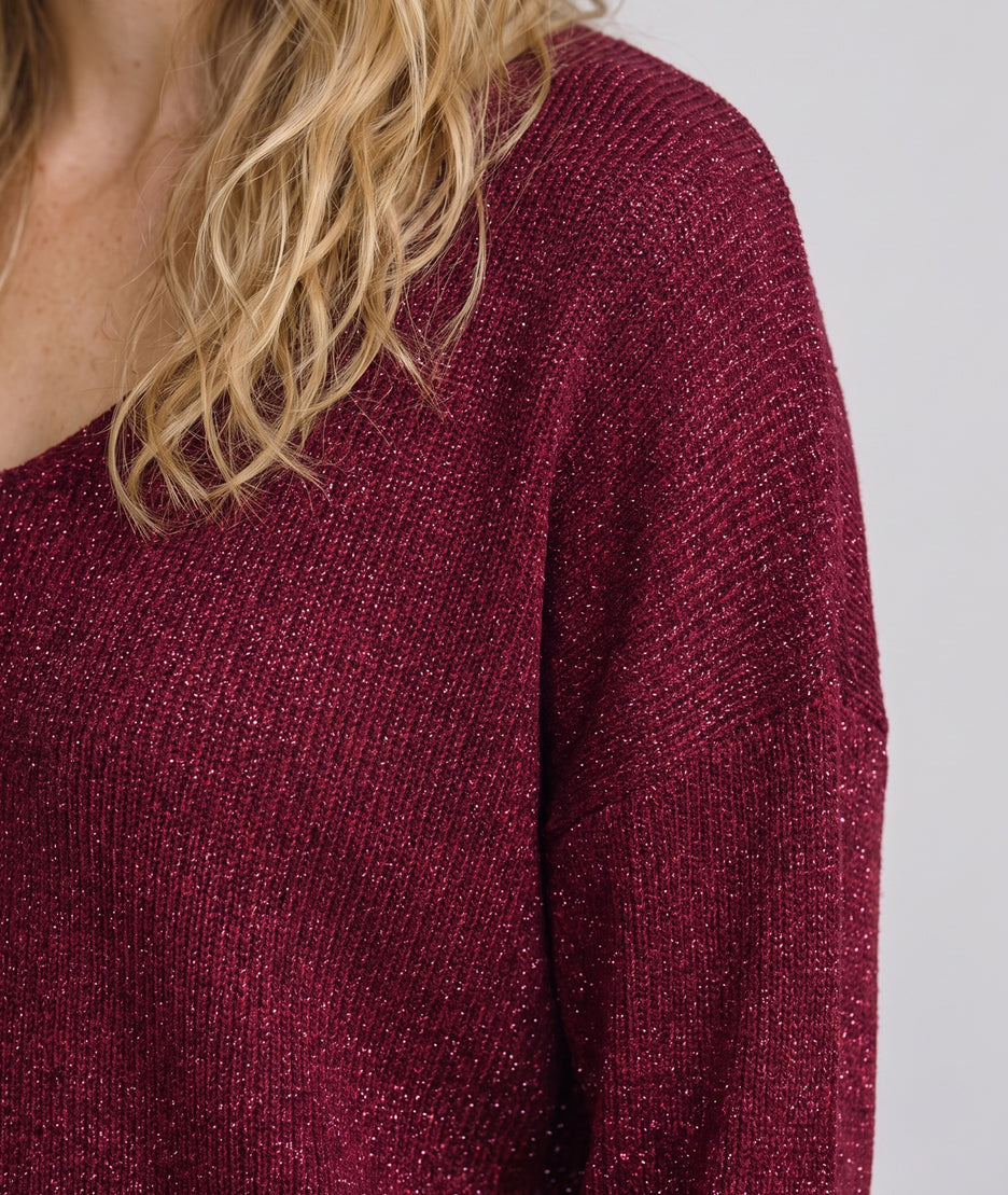 Pull pailleté Ulia bordeaux en maille fine femme avec manches longues et col V