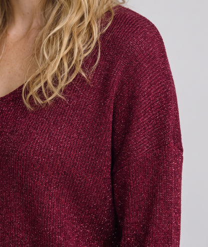 Pull pailleté Ulia bordeaux en maille fine femme avec manches longues et col V