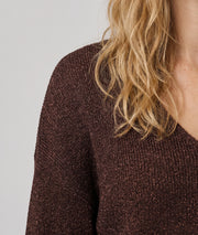 Pull pailleté Ulia choco en maille fine femme avec manches longues et col V