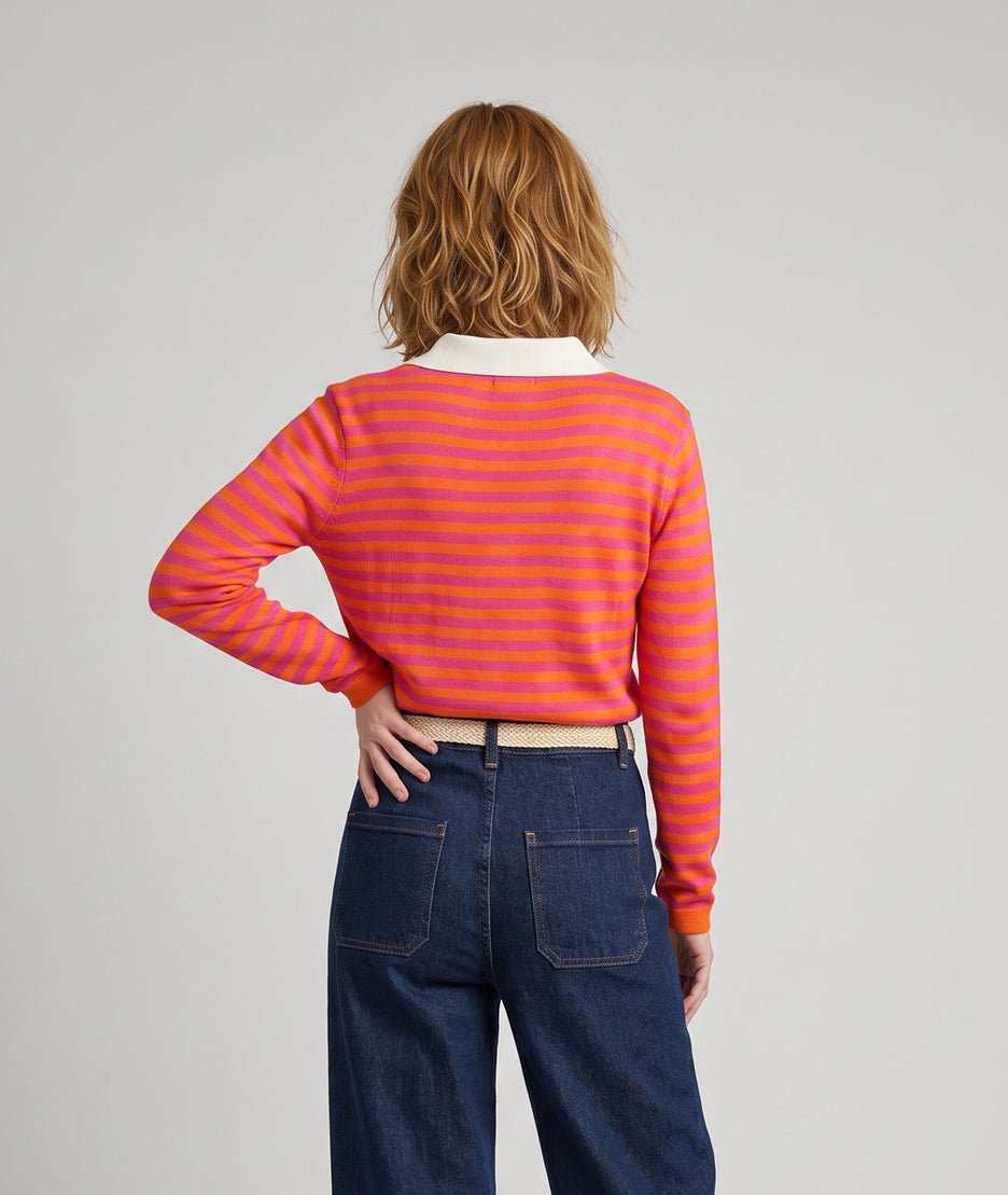 Pull Veronika orange et fushia à rayures manches longues et col chemise — Carnaby