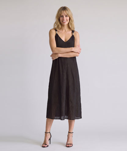 Robe midi Adel choco brillante à bretelles avec détails argentés — marque Carnaby