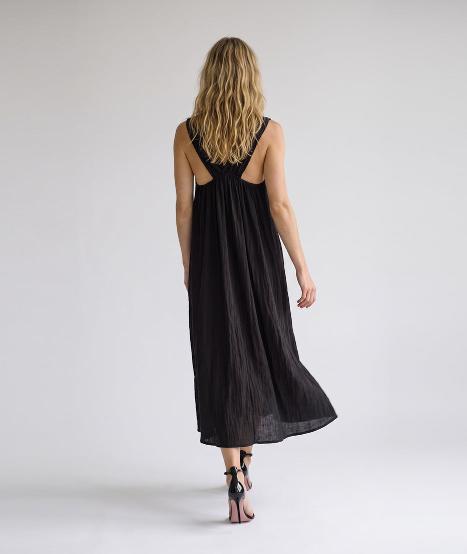 Robe midi Adel choco brillante à bretelles avec détails argentés — marque Carnaby