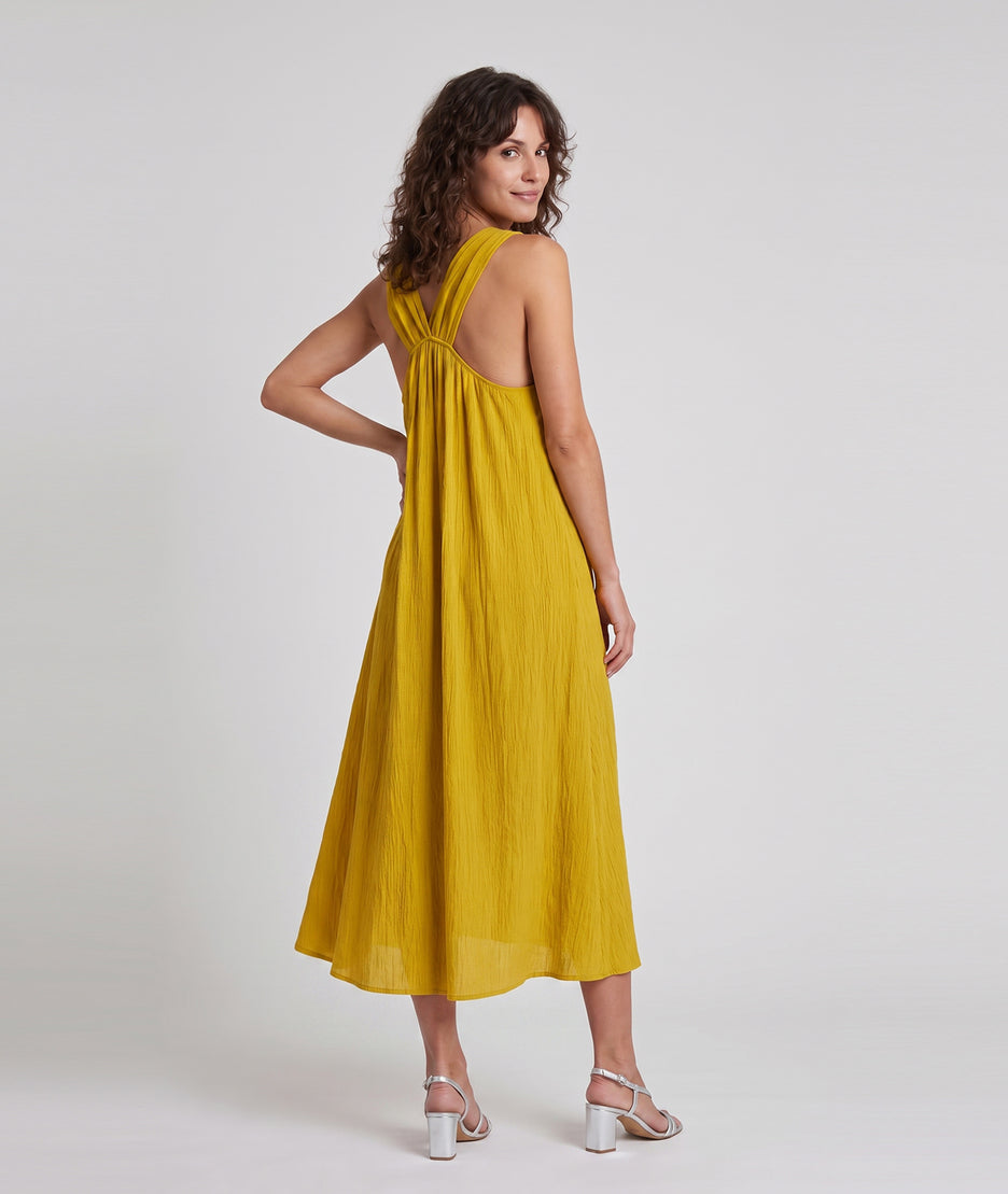 Robe midi Adel ocre brillante à bretelles avec détails argentés — marque
