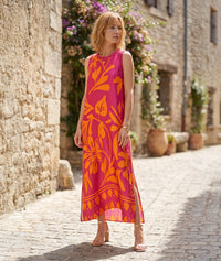 Robe longue Agathe satinée motif feuillage - fushia