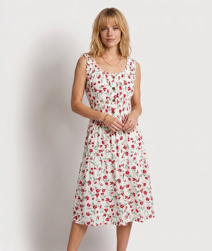 Robe Armande midi blanc rouge motif fleuri face — marque Carnaby
