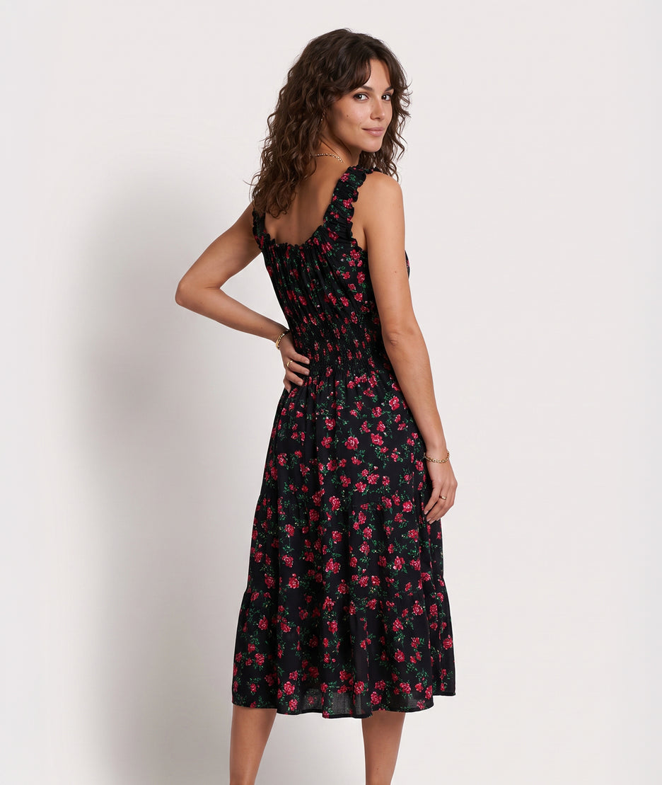 Robe Armande midi noir rouge motif fleuri dos — marque Carnaby