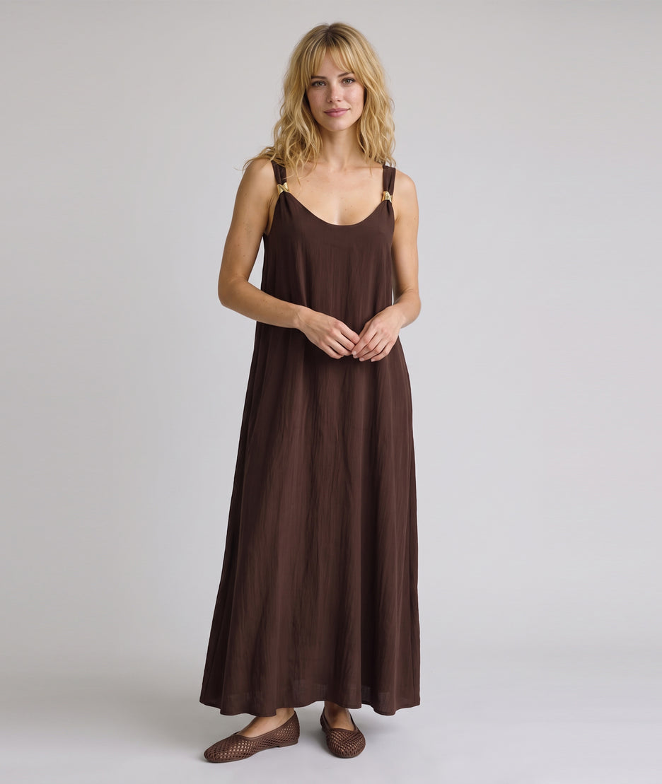 Robe longue Bij choco ample avec bretelles bijoux dorés — marque Carnaby