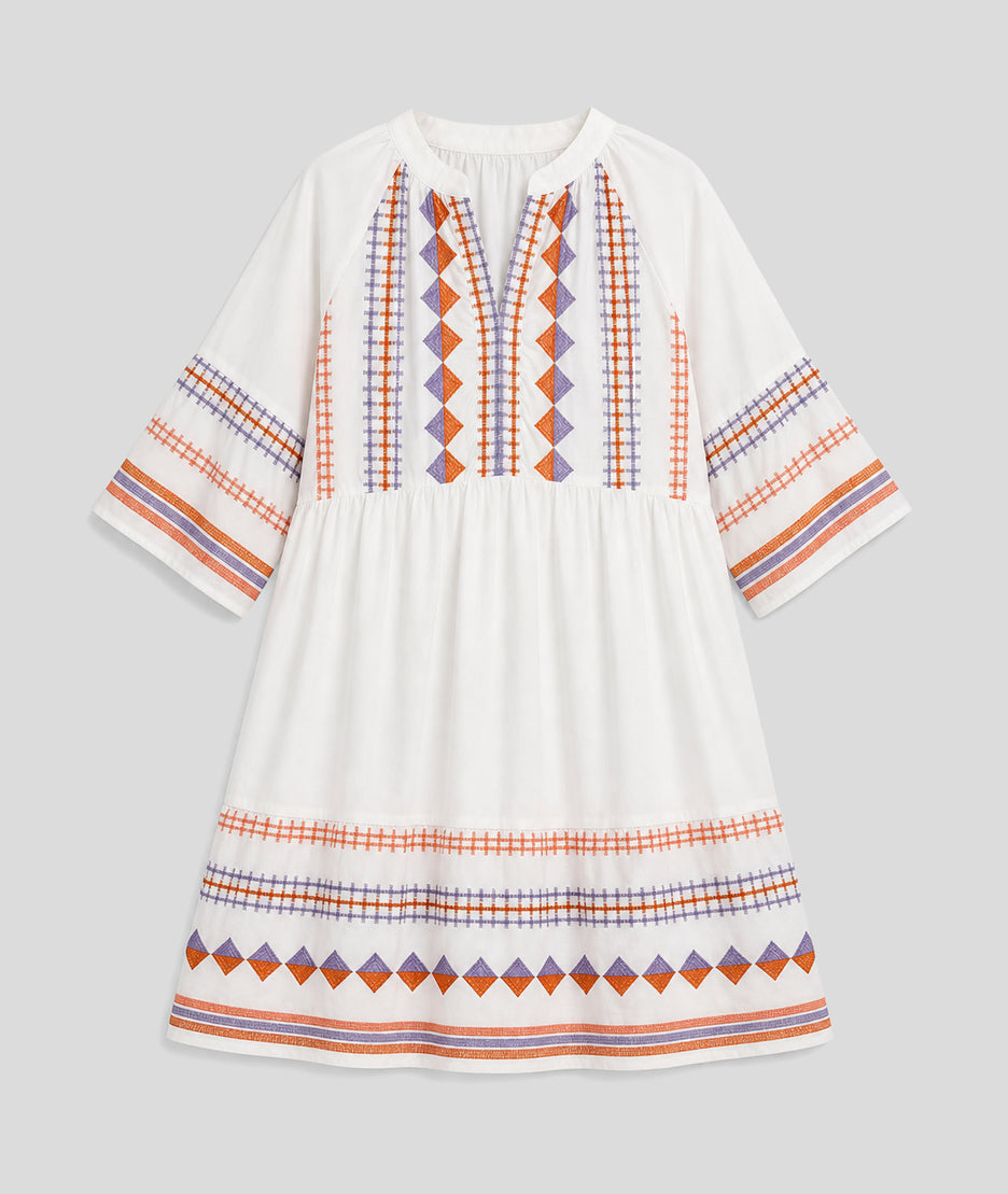 Robe Broda courte à broderies colorées ecru face