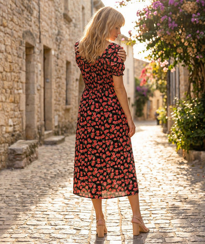 Robe Courtney noir fleurs roses encolure sweetheart dos — Carnaby