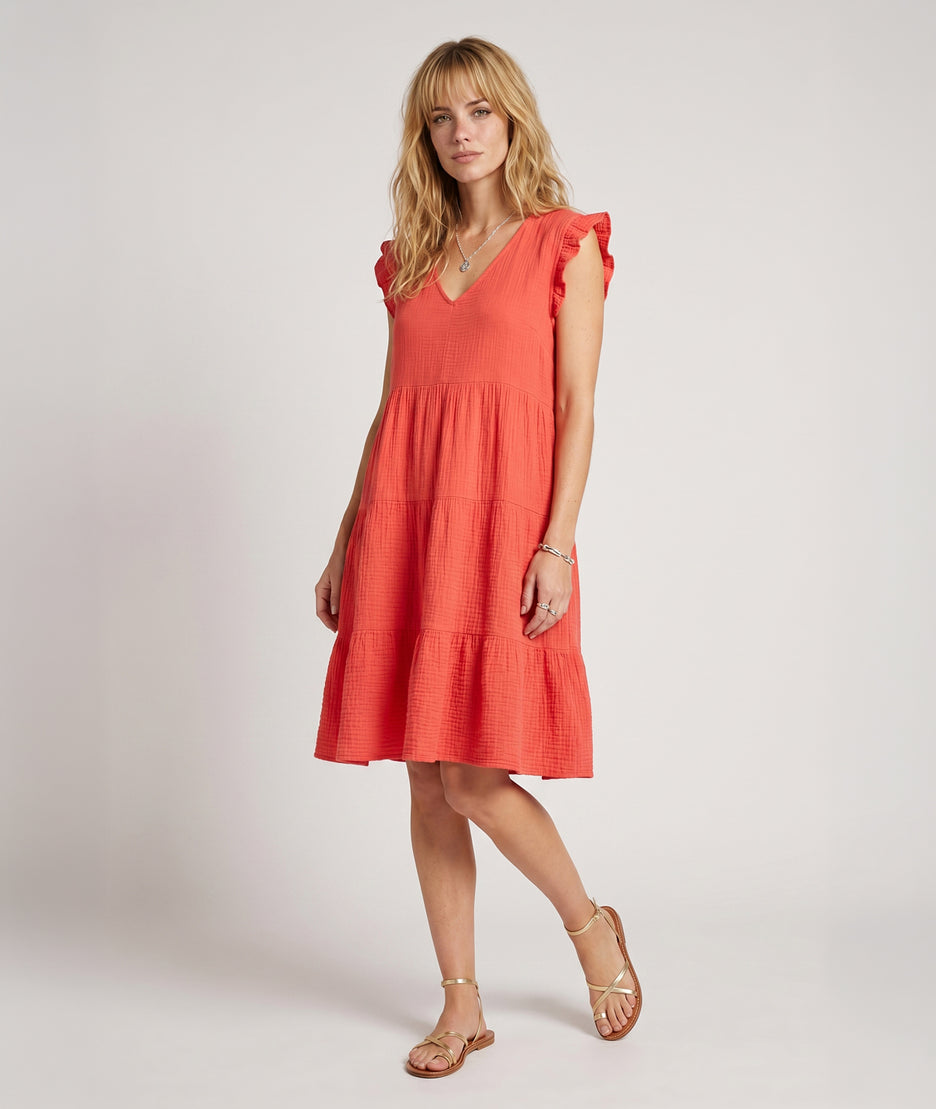 Robe courte Cyrille gaz de coton corail face avant