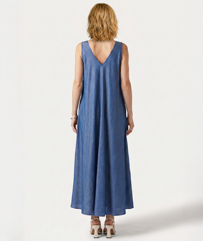 Robe Delphina jean foncé col en V ample face arrière- Carnaby