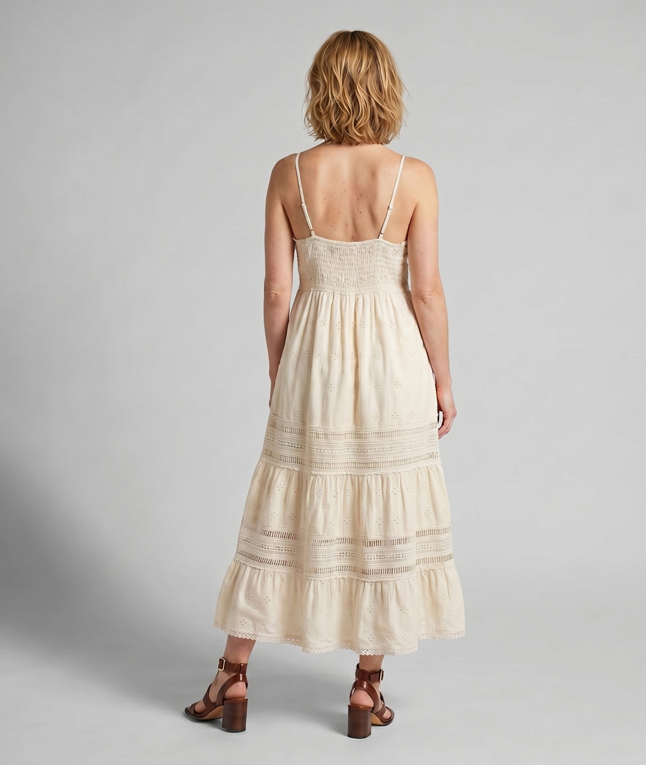 Robe longue Ella avec broderies ajourées ecru dos