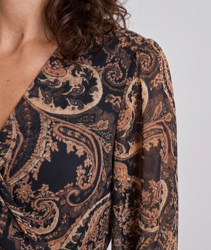 Robe courte femme Flavia noire à motif cachemire manches longues