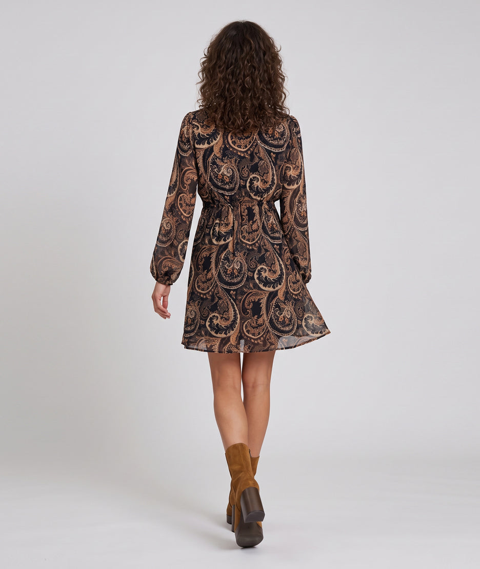 Robe courte femme Flavia noire à motif cachemire manches longues