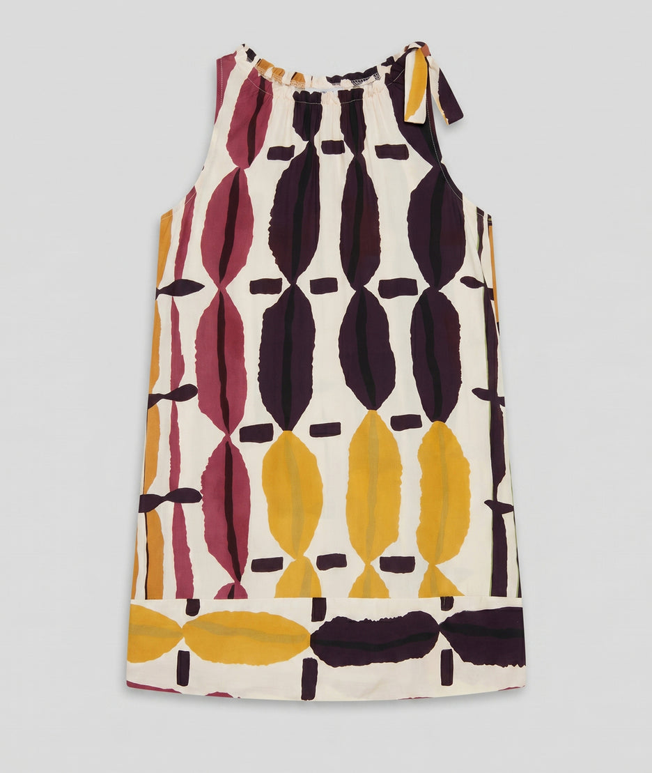 Robe Gloria à imprimé géométrique ocre fond blanc avant - Carnaby