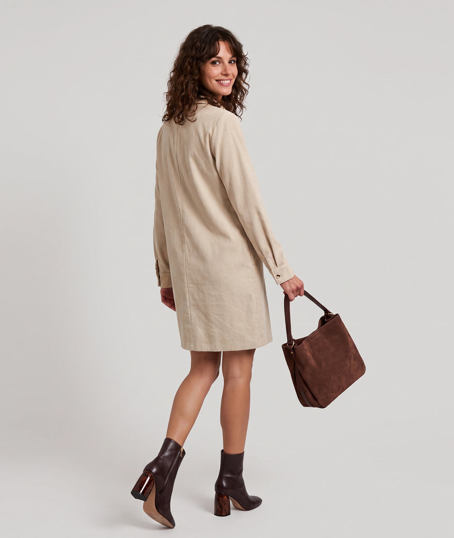 Robe courte femme Karen en velours côtelé beige manches longues