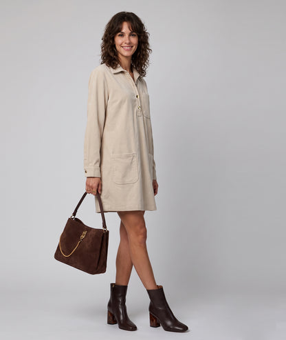 Robe courte femme Karen en velours côtelé beige manches longues