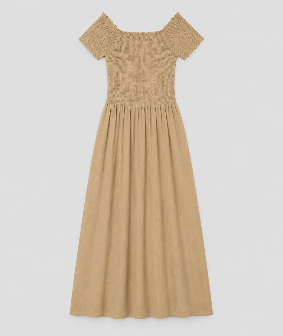 Robe Laura beige smockée encolure dégagée manches courtes - Carnaby