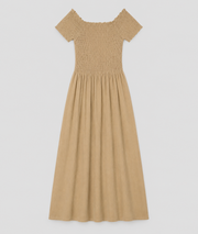 Robe Laura beige smockée encolure dégagée manches courtes - Carnaby