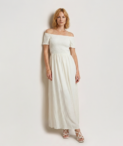 Robe Laura blanc smockée encolure bardot manches courtes - Carnaby