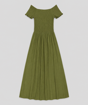 Robe Laura vert kaki smockée épaules dénudées manches courtes — Carnaby