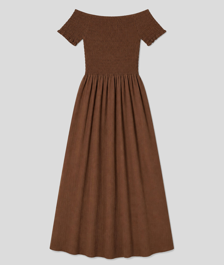 Robe longue Laura smockée marron face