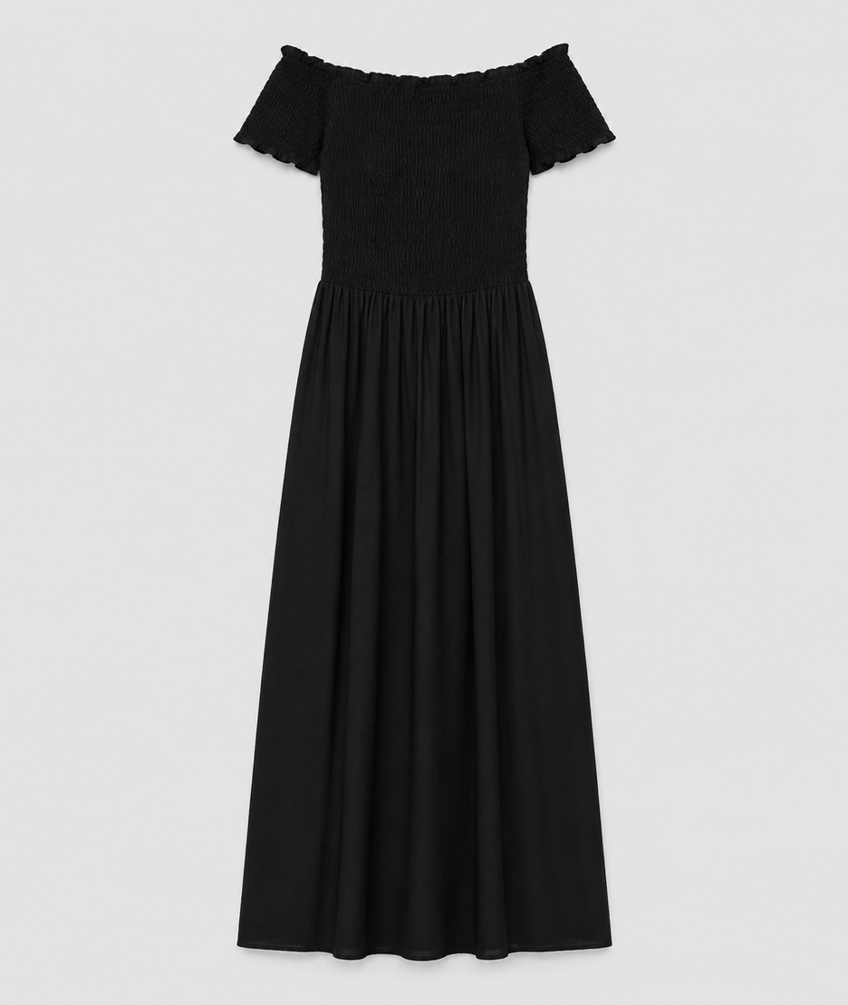 Robe Laura noir smockée col bardot manches courtes froncées — Carnaby