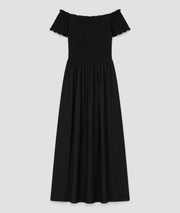 Robe Laura noir smockée col bardot manches courtes froncées — Carnaby