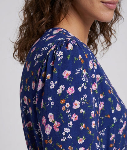 Robe longue Leoa bleue à motif fleuri avec col en V — marque Carnaby