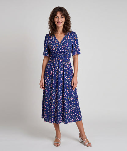 Robe longue Leoa bleue à motif fleuri avec col en V — marque Carnaby