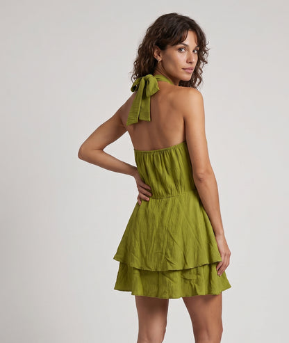 Robe Liviane courte halter dos nu à volants - vert olive