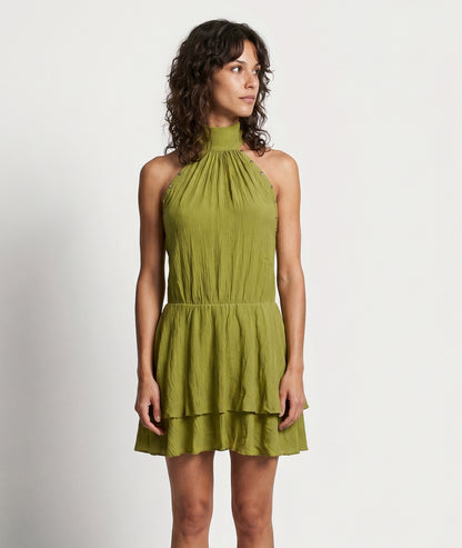 Robe Liviane courte halter dos nu à volants - vert olive