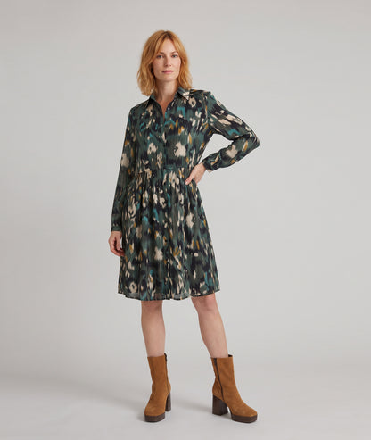 Robe chemise femme Maelia verte à motifs et manches longues