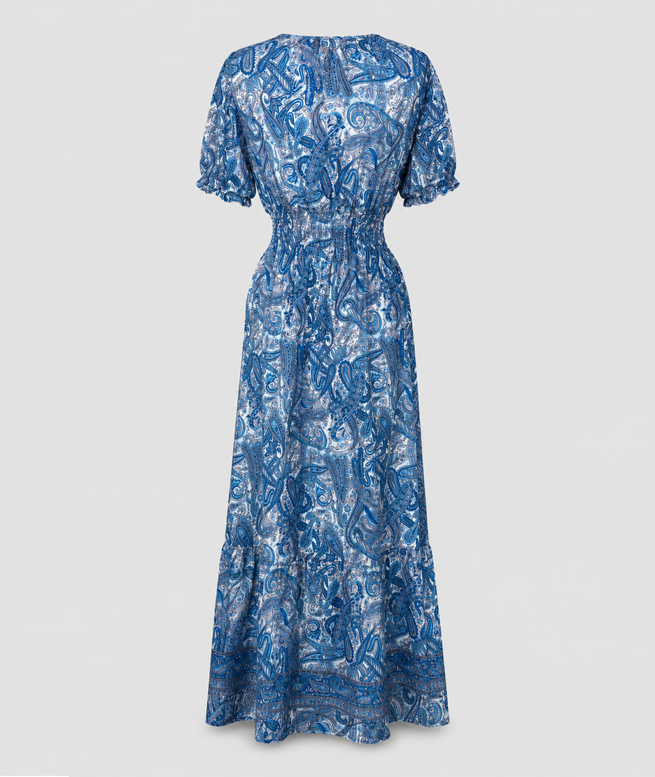 Robe Manon longue smockée imprimé paisley - bleu face arrière