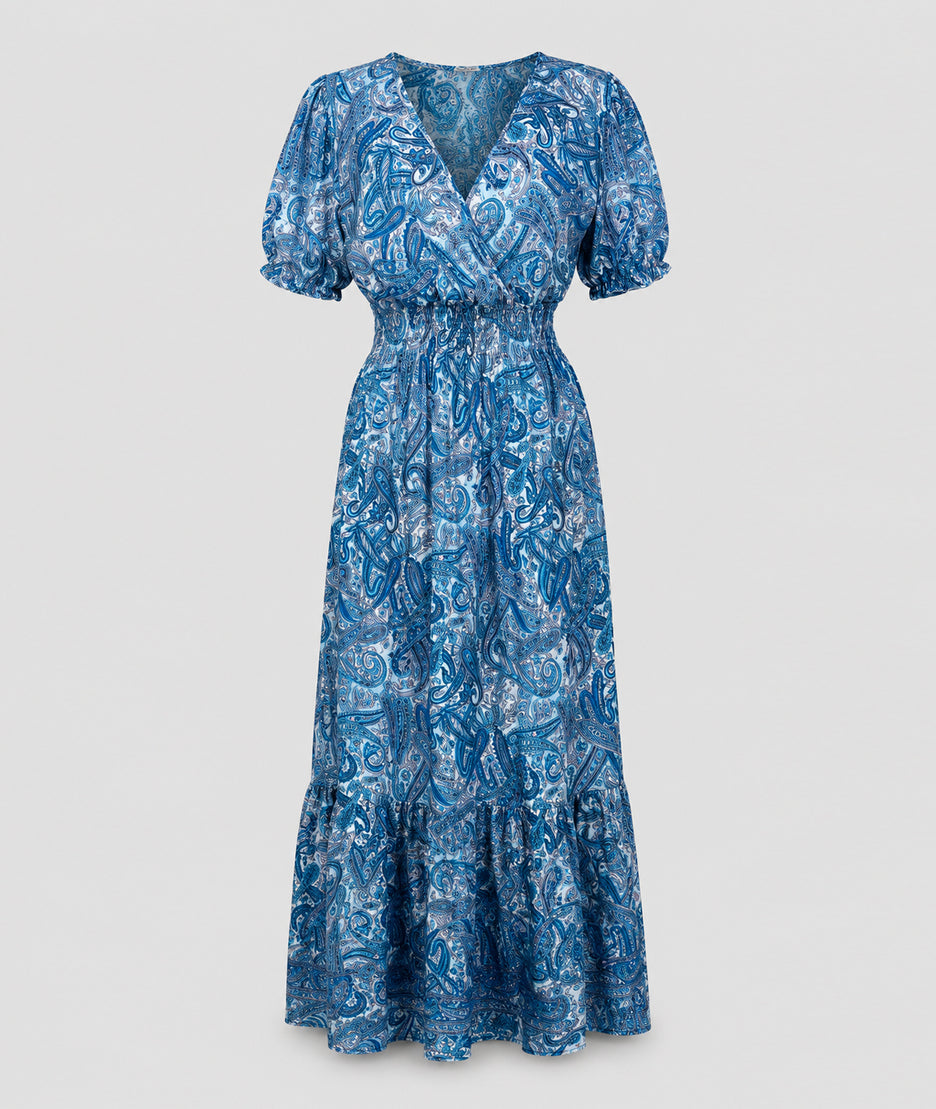 Robe Manon longue smockée imprimé paisley - bleu